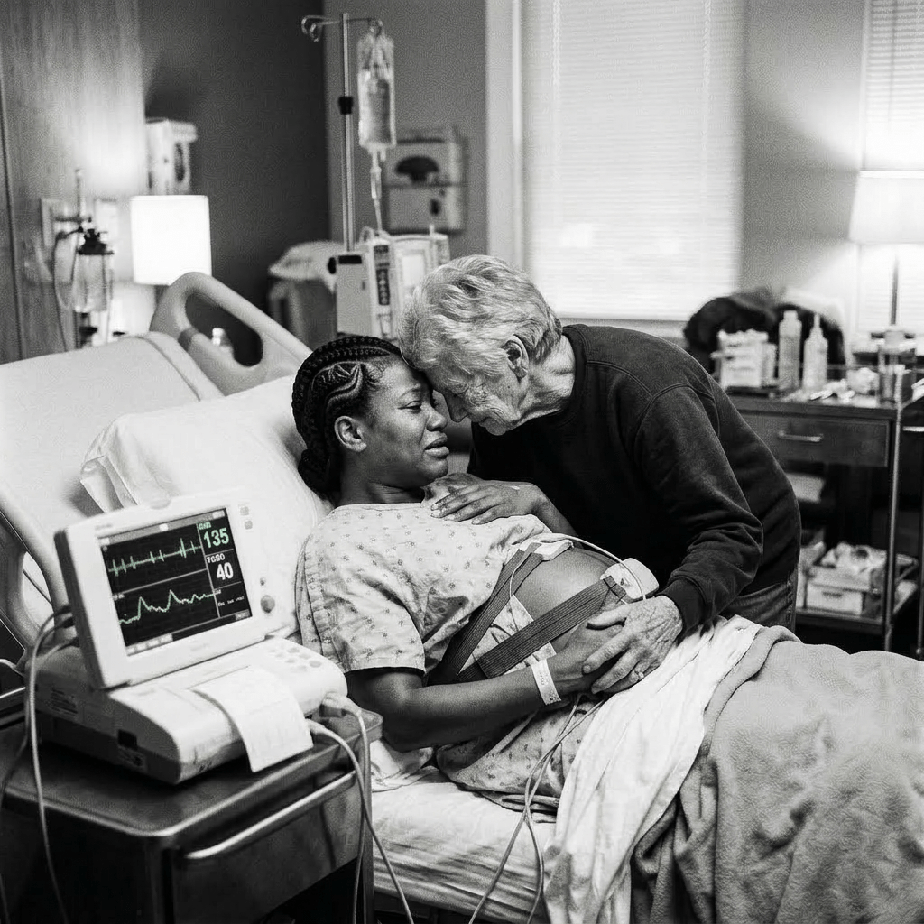 Pregnant woman in hospital bed with fetal monitor, comforted by companion.
