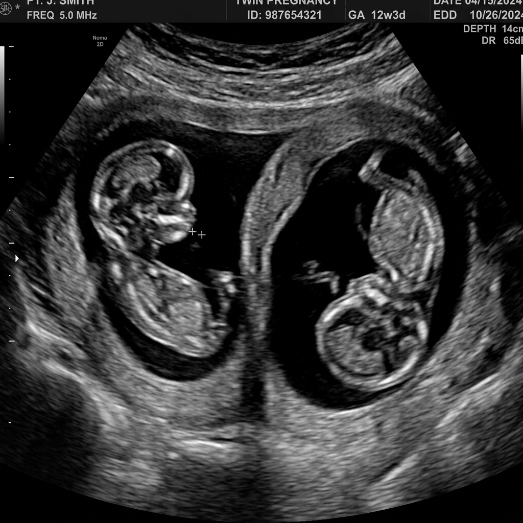 Ultrasound scan of twin embryos at approximately 12 weeks gestation